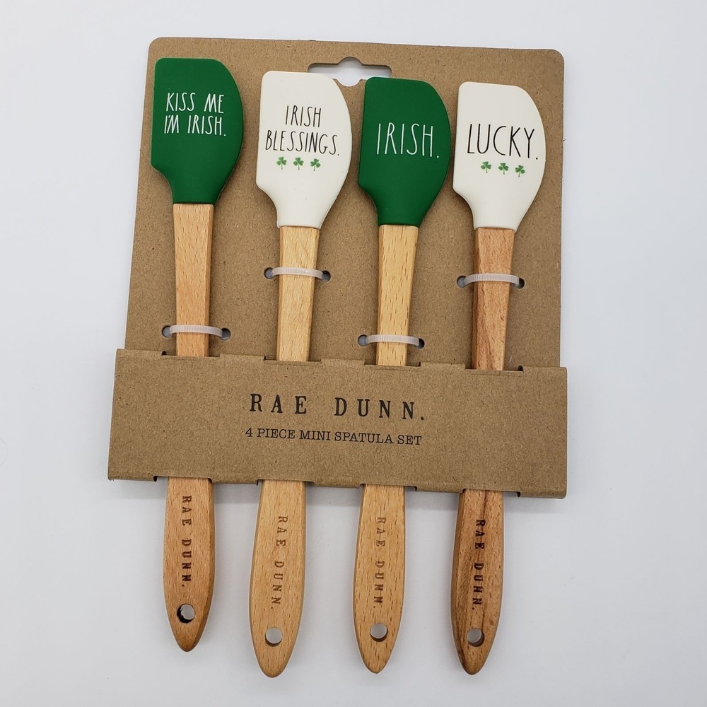 Rae Dunn St Patricks Day 4 Piece Mini Spatula Set Green White Wood‎ Lucky Irish